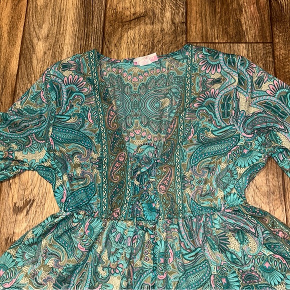Anthropologie Boemo Maxi Dress M Teal Paisley Tiered Boho CottageTassles - Picture 3 of 10